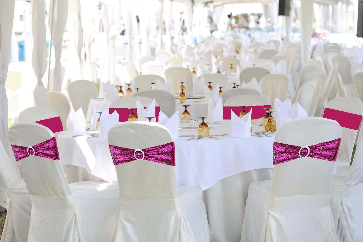 25 Pcs Sequin Chair Sashes Stretch Chair Bands Spandex Polyester Bows for Party Hotel Wedding Banquets Decoration - Magenta