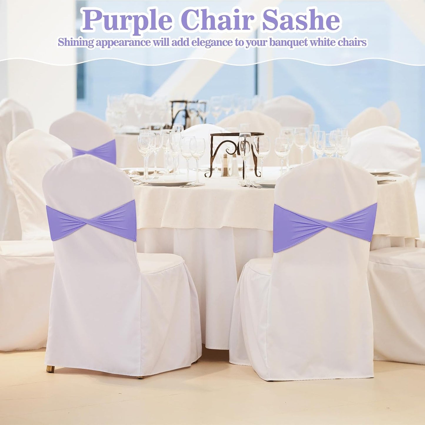 Kinlop 50 Pcs Spandex Chair Sashes Bows Chair Bands Slider Sashes for Covers Elastic Bands Ties Without Buckle Decorations for Wedding Party Events Ceremony Birthday(Light Purple)