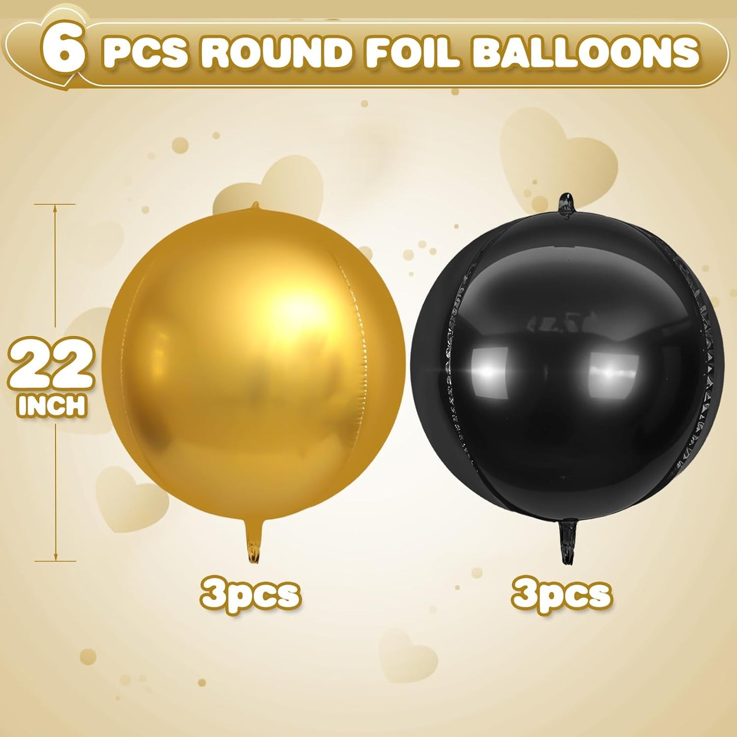6Pcs Black Gold Round Foil Balloons,Giant 4D Round Ball Balloons,22 Inch Metallic Black Gold Balloon for Birthday Wedding Graduation Prom Party Decorations