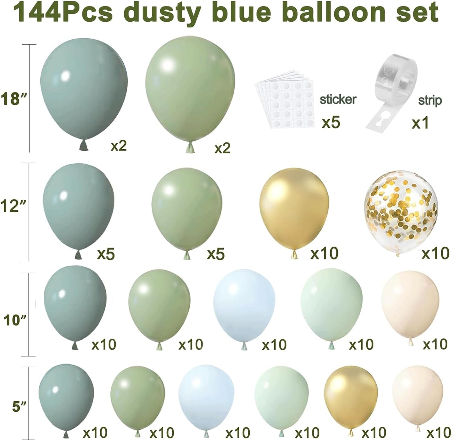 Dusty Blue Sage Green Balloon Arch Kit, Pastel Blue Green Sand White Gold Confetti Balloons Garland Kit for Wedding Bridal Boho Birthday Party Backdrop Decorations