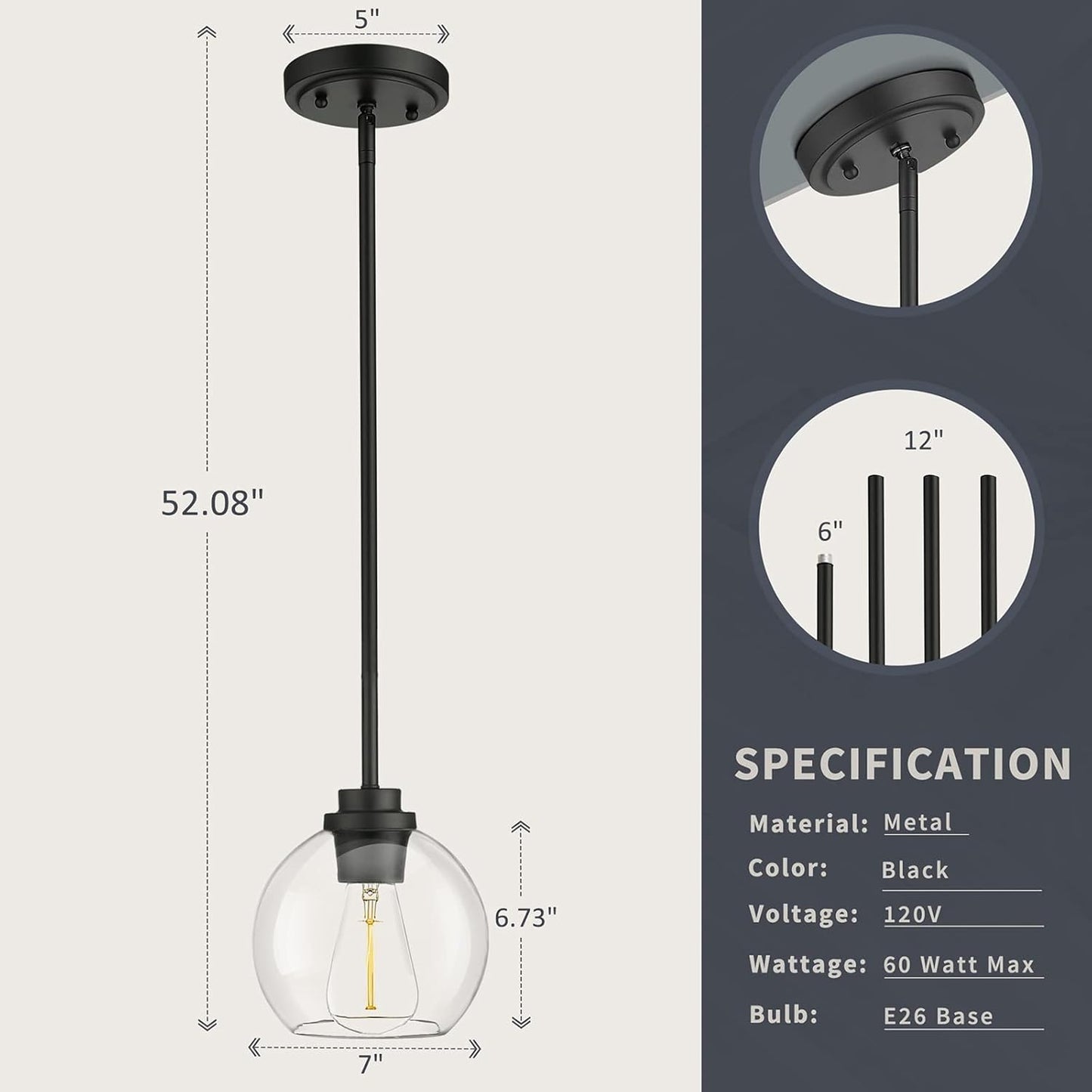 Pendant Light Fixtures,Pendant Lights Kitchen Island with Adjustable Hanging Pole Ceiling for Kitchen Island, Dining Room, Bedroom, Hallway- 2 Pack