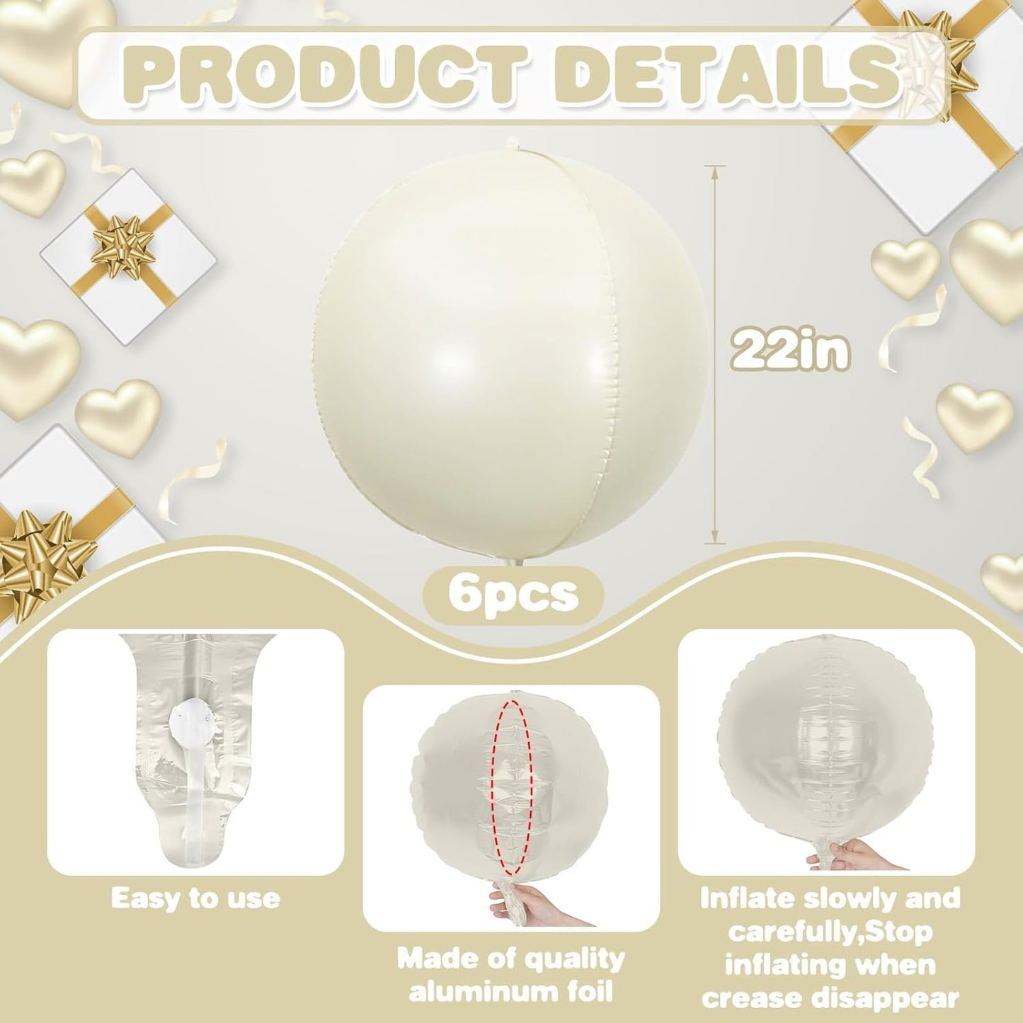 6Pcs Cream White Round Foil Balloons,Giant 4D Round Ball Balloon,22 Inch Balloons for Birthday Baby Shower Engagement Party Decorations