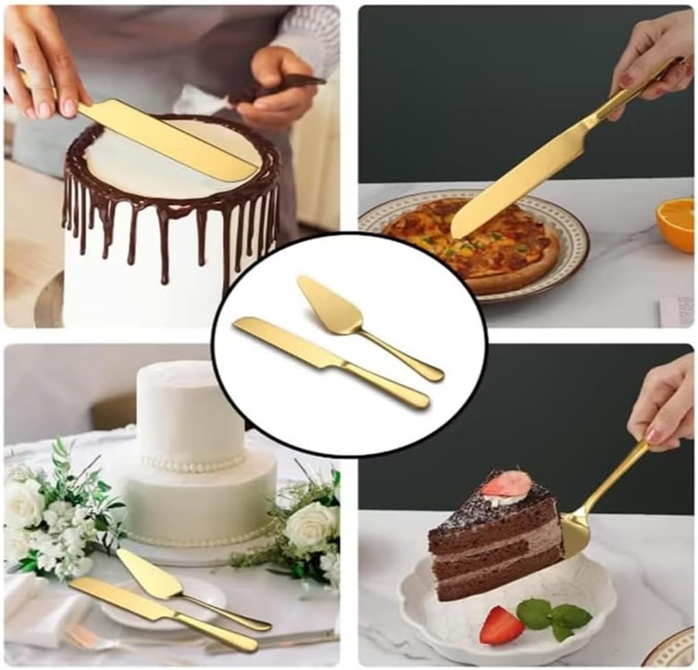 Elegant Gold Cake Cutting Set - 2 Piece Stainless Steel Knife and Server for Weddings, Birthdays, Anniversaries, and Celebrations - Gift for Bridal Showers and Cake Table Decorations