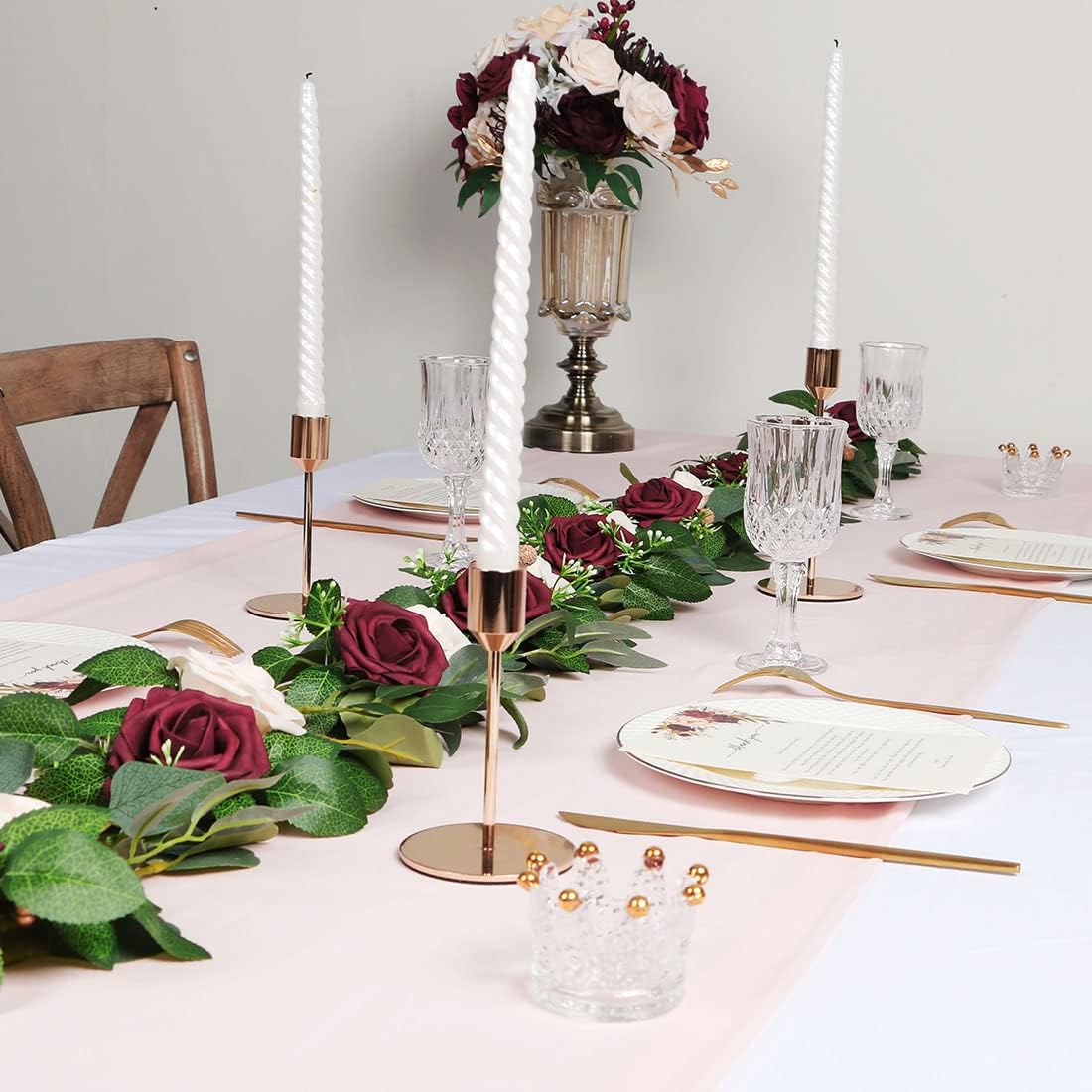 ponatia 6.5FT Handcrafted Artificial Rose Flower Garland, Eucalyptus Greenery Garland for Wedding Ceremony Garlands Backdrop Arch Flowers, Reception Table Decorations (Burgundy & Ivory Cream)