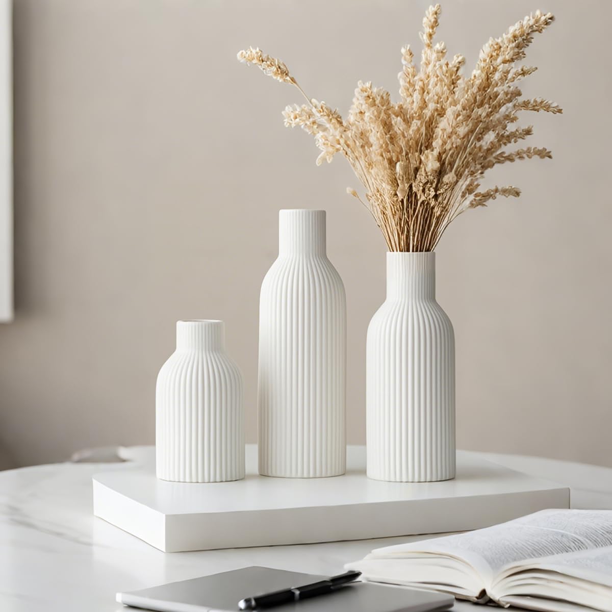 Modern Ceramic Vases Set of 3, White Ribbed Decorative Vases, Shelf Table Centerpiece for Home Decor (White)