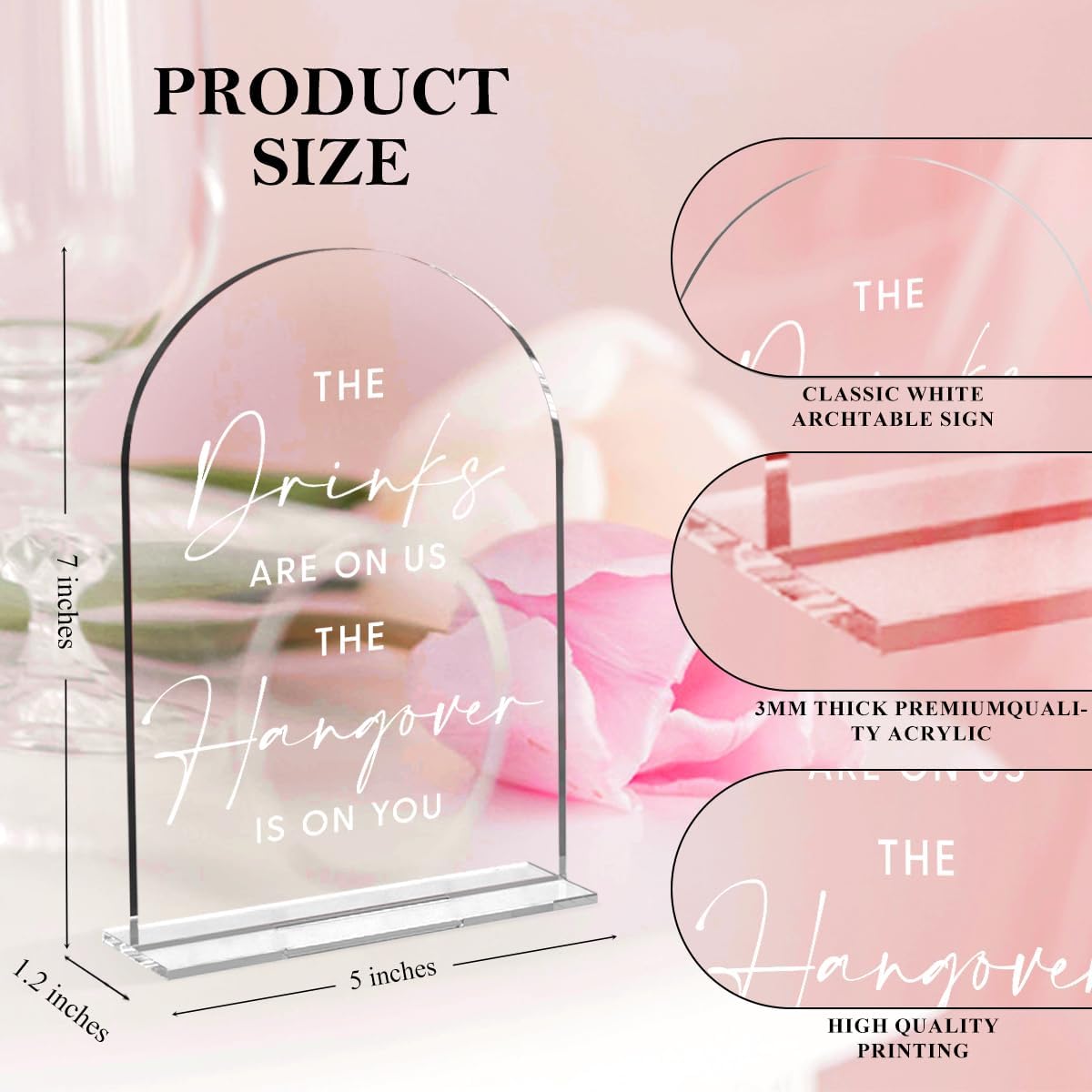 Wedding Signs，The Drinks Are on Us Sign, 5 x 7 Inch Arch Acrylic Wedding Sign, Wedding Sign for Ceremony and Reception, Please Help Yourself Sign,Wedding Reception Decor (White)