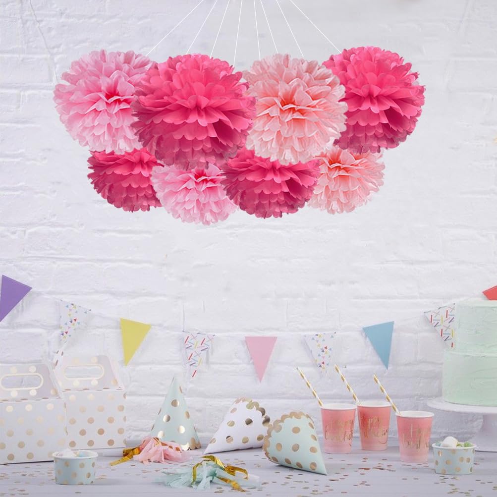 Pink Tissue Paper Pom Poms Flower for Valentine's Day Baby Shower Birthday Wedding Bachelorette Girl's Event Party Decoration, 12pc