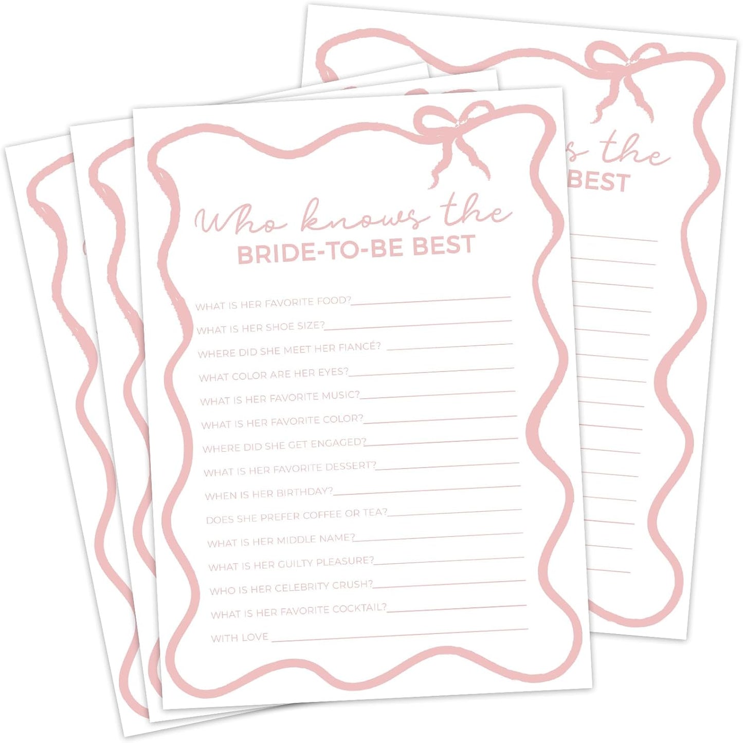 DEEKA 30 PCS Bridal Shower Games Card for 30 Guests White Pink Wavy Border Ribbon Bow Funny Wedding Bachelorette Party Games for Reception (Who Knows The Bride-to-be Best)