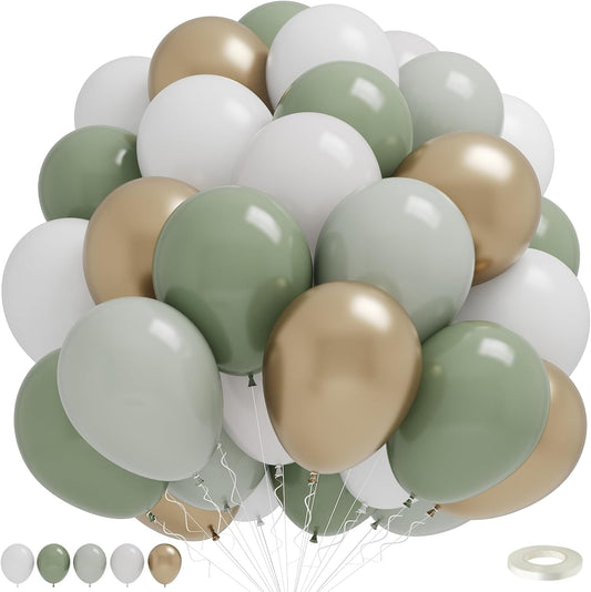Dusty Green White Gold Balloons, 50pcs Sage Olive Green Metallic Champagne Gold White Latex Balloons for Wedding Engagement Birthday Baby Shower Eucalyptus Party Decoration Supplies