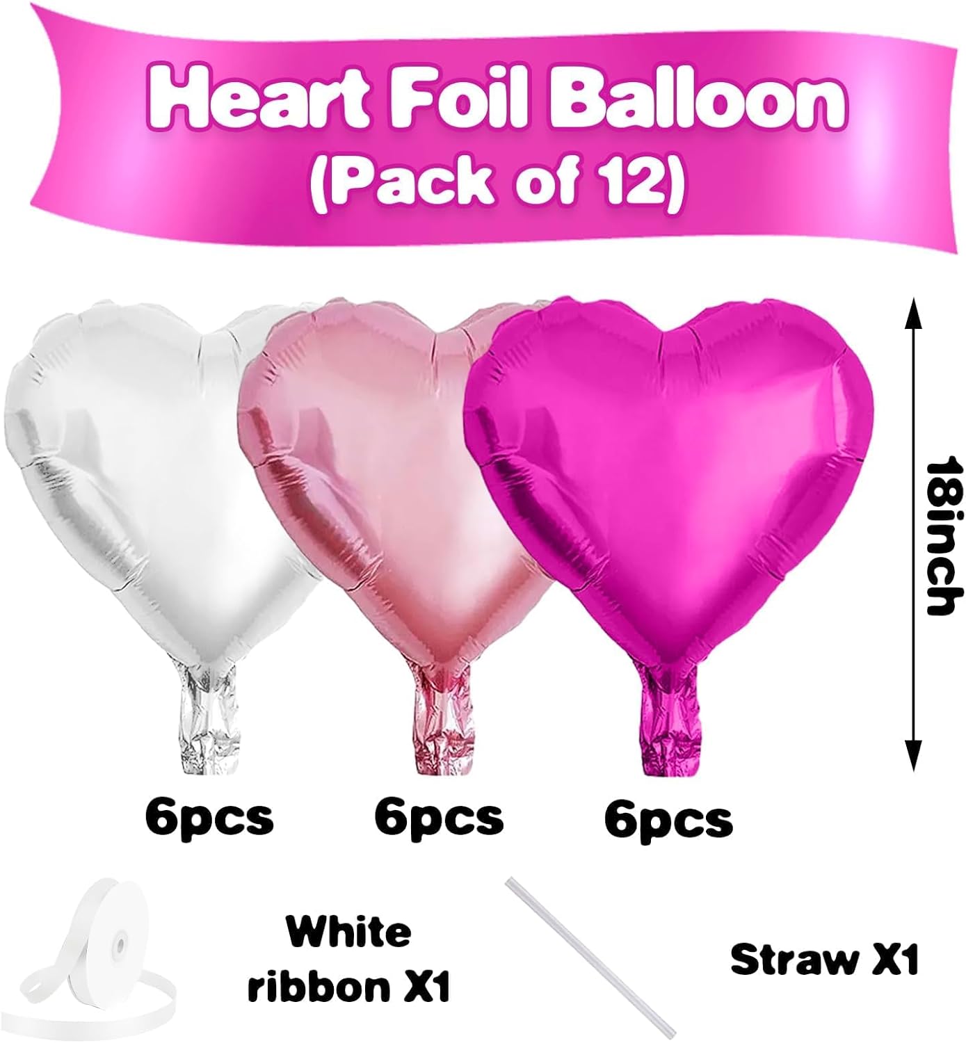 Hot Pink White Heart Balloons,12Pcs 18 Inch Light Pink Helium Foil Love Heart Shaped Balloons for Bridal Wedding Engagement Party Anniversary Birthday Baby Shower Valentines Day Decorations