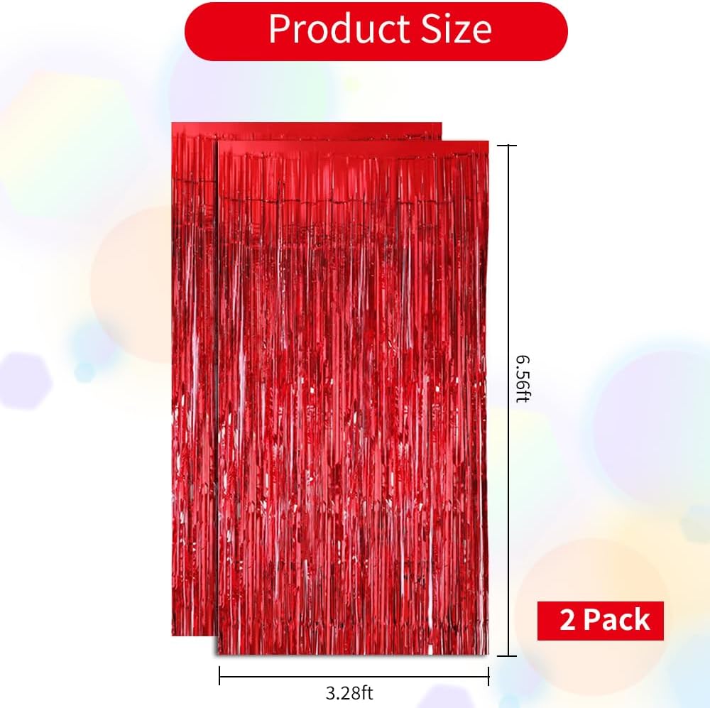 BEISHIDA 2 Pcs Red Door Streamers Tinsel Curtain Party Streamers Backdrop Fringe Foil Wall Background for Birthday Valentine's Day Christmas Wedding Party Decoration(3.28 ft x 6.56 ft)