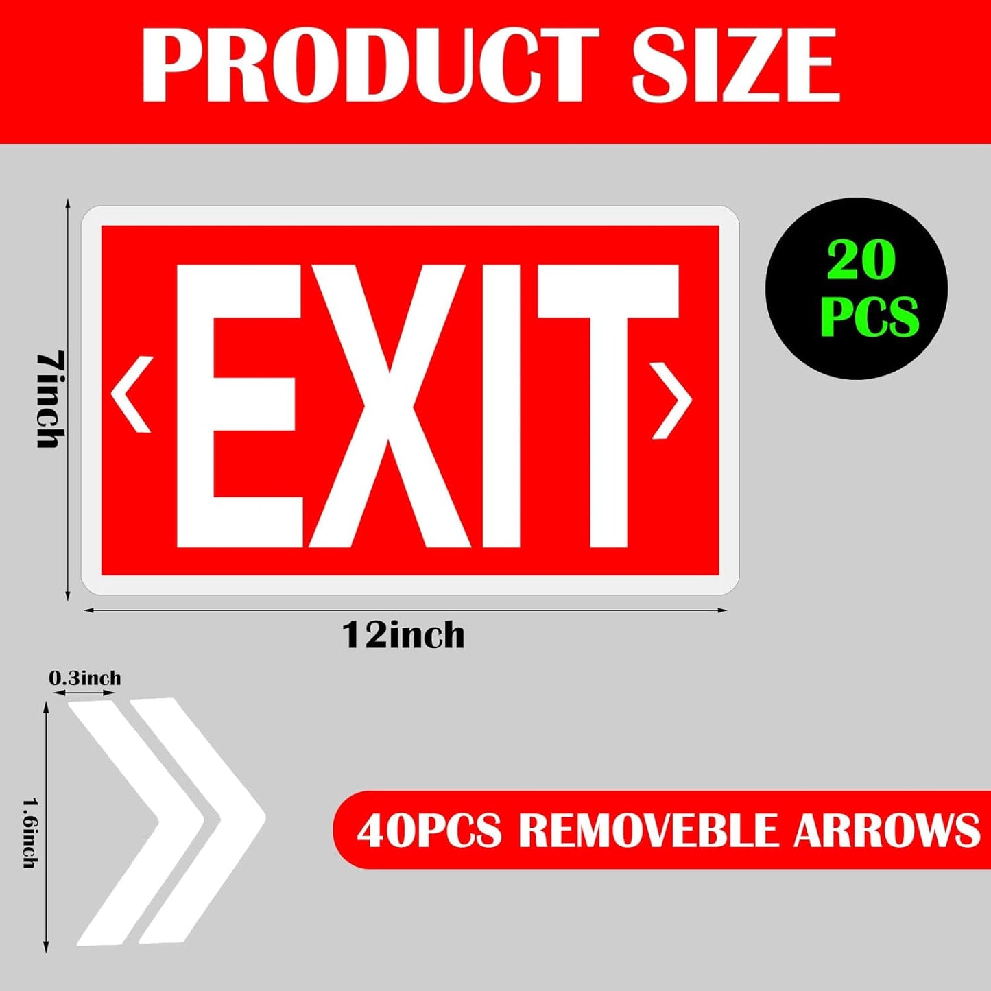 20 Pcs Glow in the Dark Exit Signs for Business 12 x 7 Inch Photoluminescent Signs Stickers for Indoor Outdoor for Business, Office, Warehouse (with Arrows)