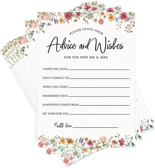 Printed Party Wedding Advice Cards – Wildflower Theme, Bridal Shower Games and Favors for Guests, Love In Bloom Floral Design, 30 Guests