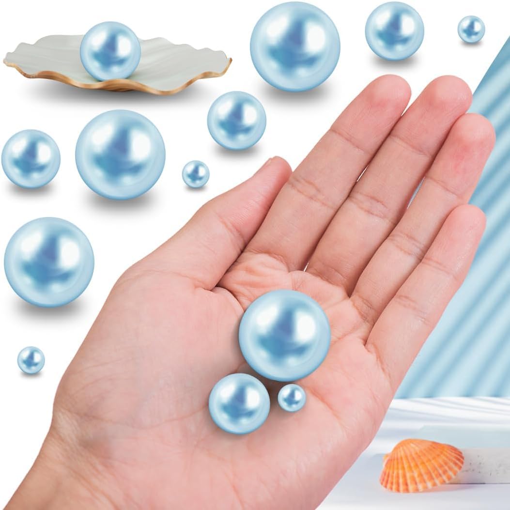 300Pcs Light Blue Polished No Hole Faux Pearl Beads for Vase Filling Decorations, Plastic Pearls Vase Fillers, Table Scatters, Wedding Centerpiece, Home Decor, 8/14/20 mm