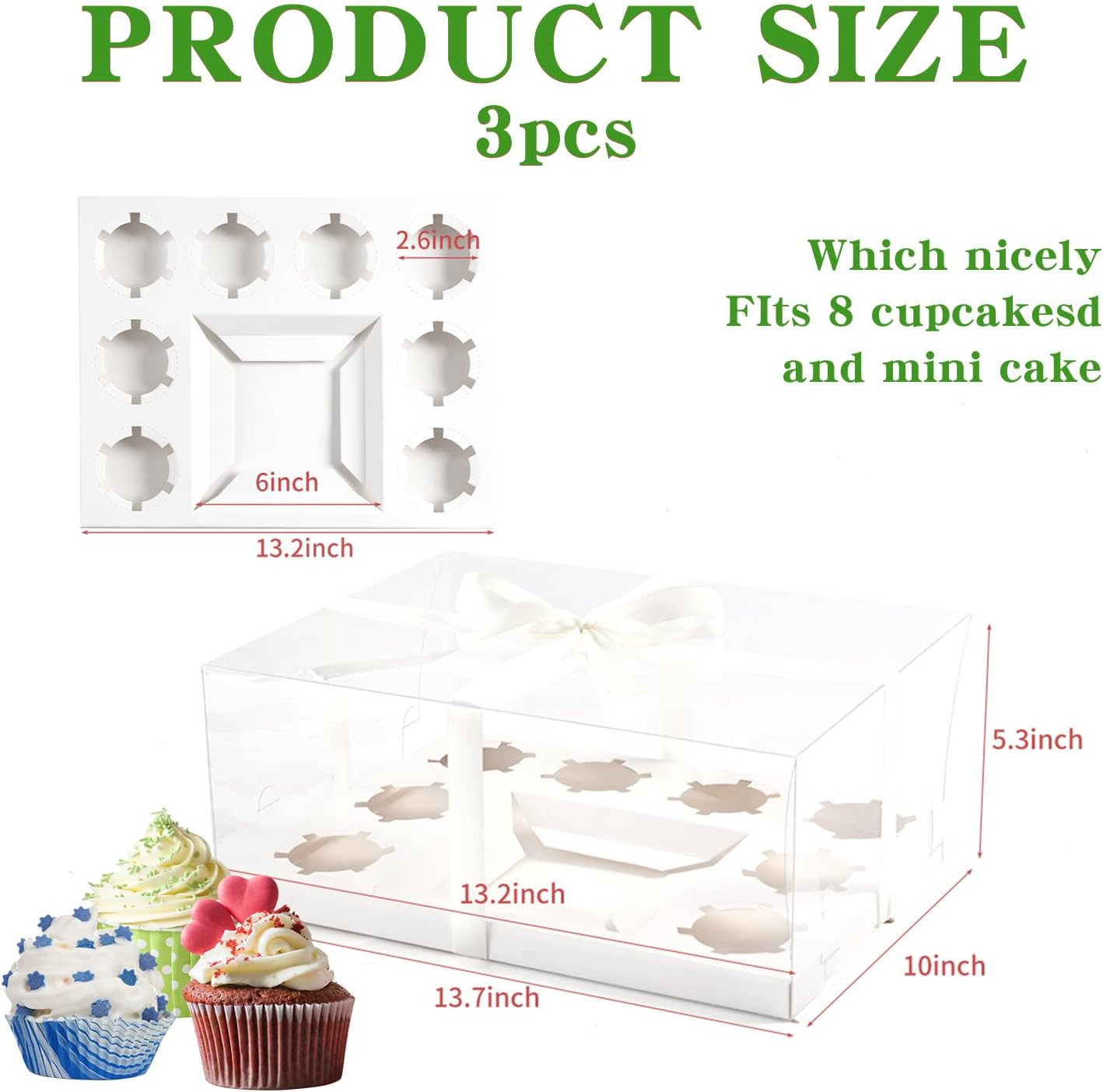 JCD 3 Pcs Bento Clear Boxes 1 mini Cake and 8 Cupcakes Box Cake Cupcake Combo Box Rectangle Cupcake Holder for Treats, Dessert Boxes, Muffins (1+8/3Pcs)