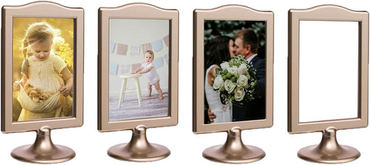 NahNah Double Sided Standing Picture Frames - (Gold, 4 Count) 4x6 Inch, Plastic Pedestal Photo Frame with Inserts and Base - 2 Sided Tabletop Vertical Display Frame for Wedding Table Bridal