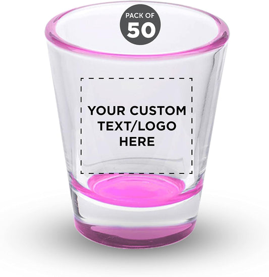 Custom Shot Glasses 1.75 oz. Set of 50, Personalized Bulk Pack - Great for Wedding Favors, Bachelorette Party Decorations, Party Fovors, Color Bottom - Pink