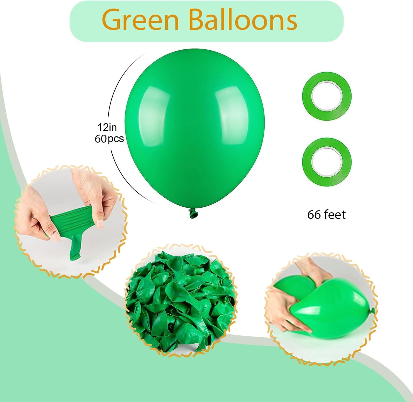 100pcs Green Balloons, Helium Quality 12 inch Green Latex Party Balloon for Birthday, Christmas, Graduation Party Decor (66ft Ribbons)