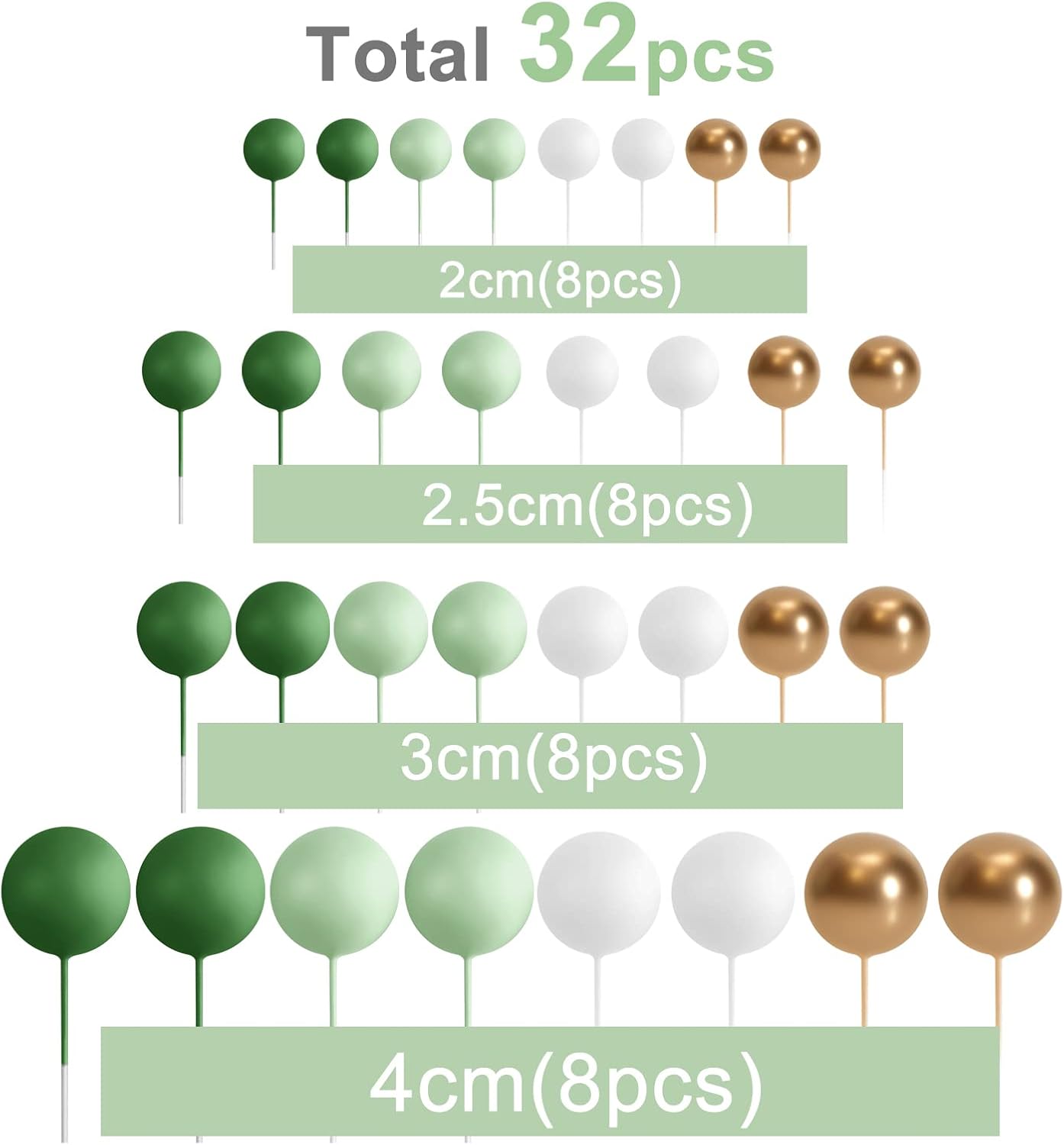 ASTARON 32 Pcs Ball Cake Topper Decorations Mini Balloons Cake Topper Sticks Foam Balls Cake Picks Cake Topper Balls Cake Decorations for Wedding Party Birthday Cake Decorating (Green Gold)