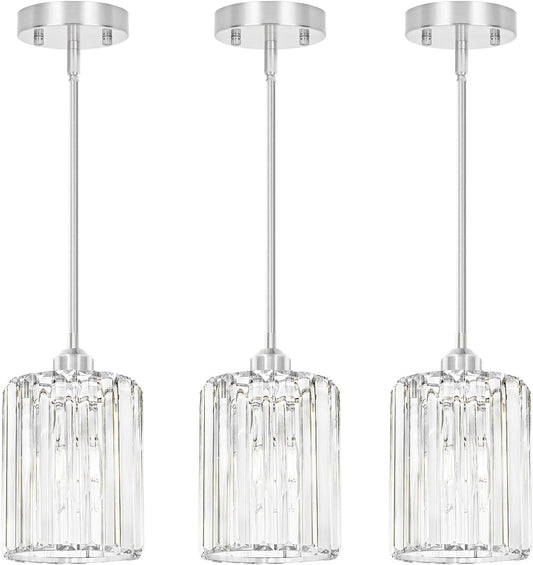 Chrome Kitchen Pendant Lights Over Island with Adjustable Rods - Crystal Pendant Lighting Fixtures 3 Pack, Ideal Over Dining Table or Bar, E26 Bulb Compatible, No Electrician Needed
