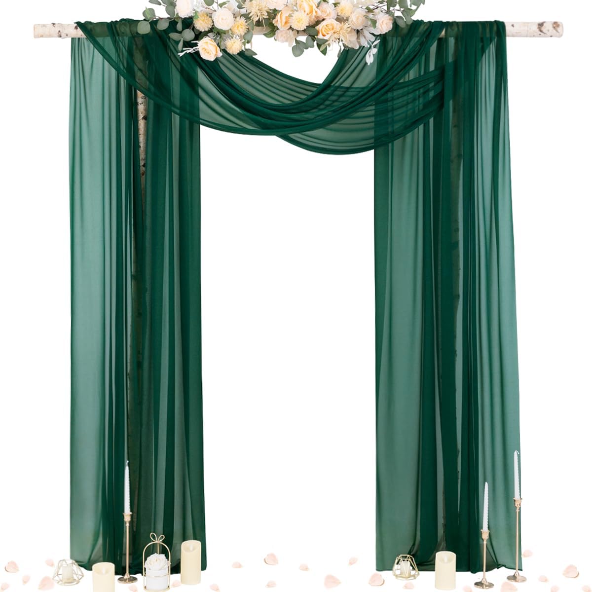 Socomi Wedding Arch Draping Fabric 29" x 20Ft 4 Panels Emerald Green Sheer Outdoor Curtain Drapes Extra Long for Bridal Baby Shower Ceremony Birthday Party Decor