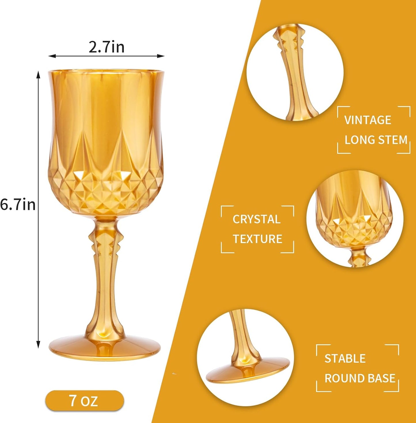 JLYLOL Plastic Vintage Wine Glasses 7OZ Plastic Goblets Vintage Drinking Glasses 48PCS Retro Wedding Glassware Water Goblets Reusable Drinking Cups for Party,Reception,Celebration,Bar,Whiskey(Amber)