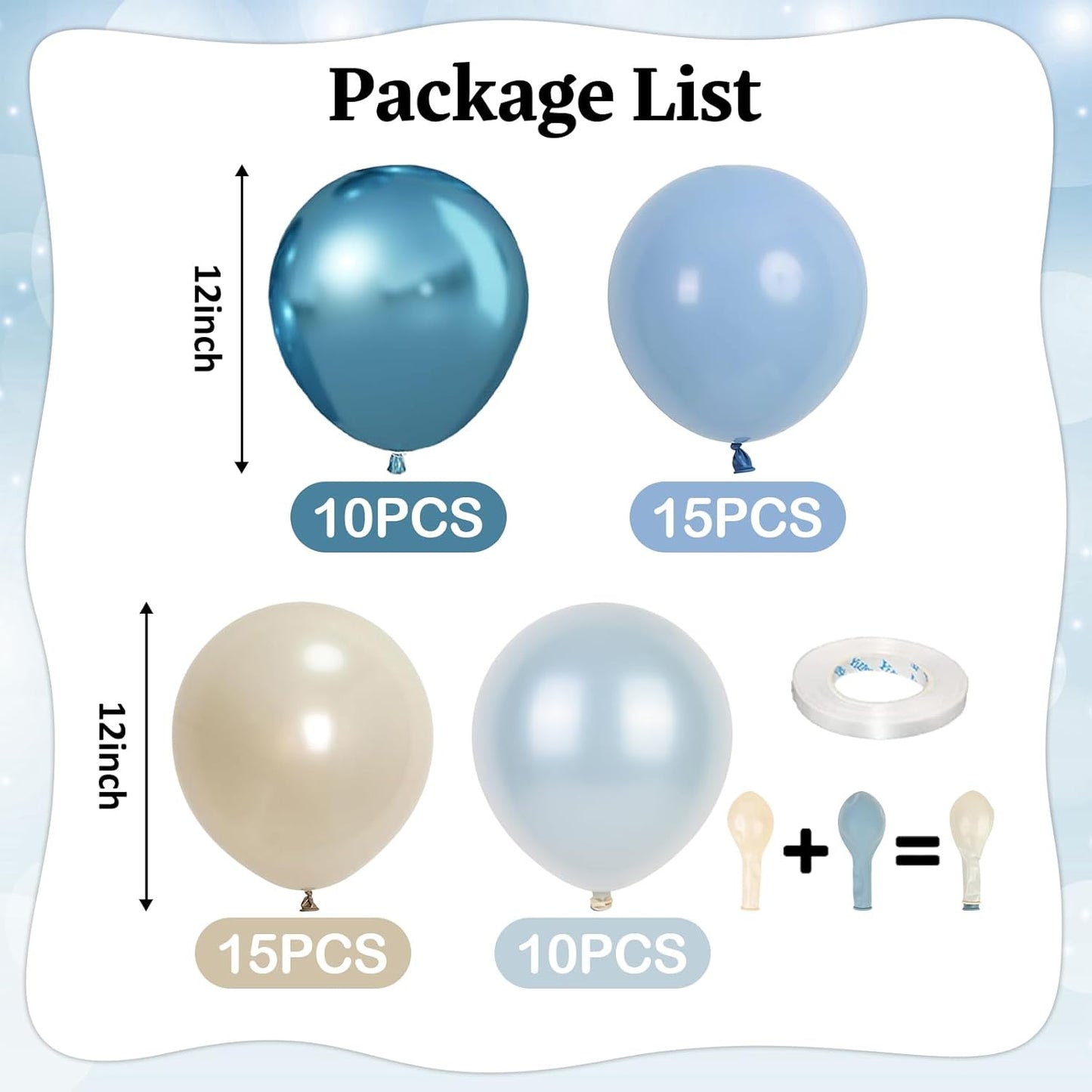 Dusty Blue and White Balloons, Double Stuffed Pearl Light Baby Metallic Chrome Slate Blue Pearl Sand White Balloons, 50pcs 12 Inch Latex Balloon for Baby Shower Birthday Bridal Shower Wedding Decor