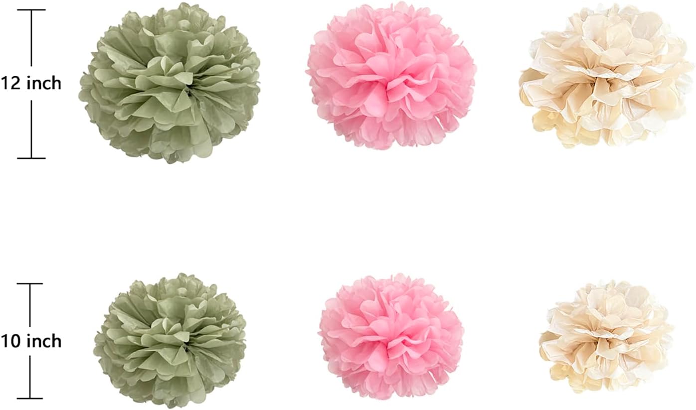 ZOOYOO Sage Green Tissue Paper Pom Poms Decorations, 12 PCS Pink Green Birthday Baby Shower Decor, Boho Neutral Wedding Bridal Shower Engagement Party Decorations
