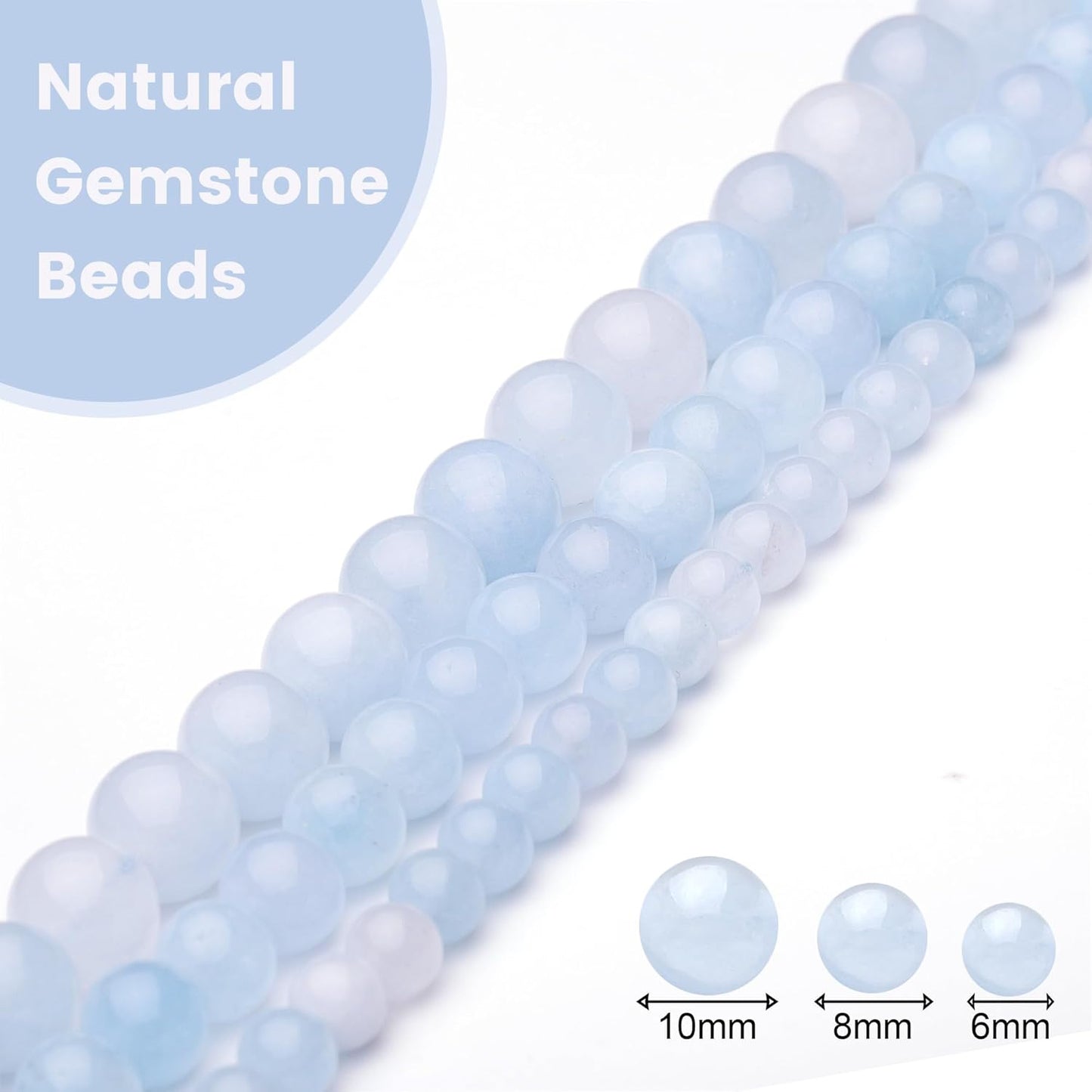 10mm Natural Stone Beads for Jewelry Making,Aquamarine Polished Smooth Round Gemstone Beads for Bracelet Necklace 15 Inch