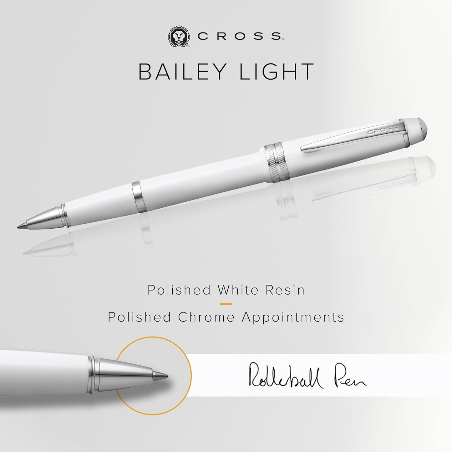 Cross Bailey Light Refillable Rollerball Pen Presented in a Everyday Gift Box - Medium Point, Black Ink, Polished White