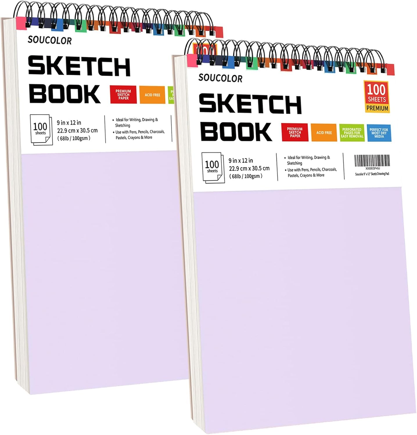 Soucolor 9" x 12" Sketch Book, Christmas Gifts for Women, Birthday Gifts for Women, Thank You Gifts, Stocking Stuffers, 2 Packs 100-Sheets Each (68lb/100gsm) Drawing Pad for Teens Girls