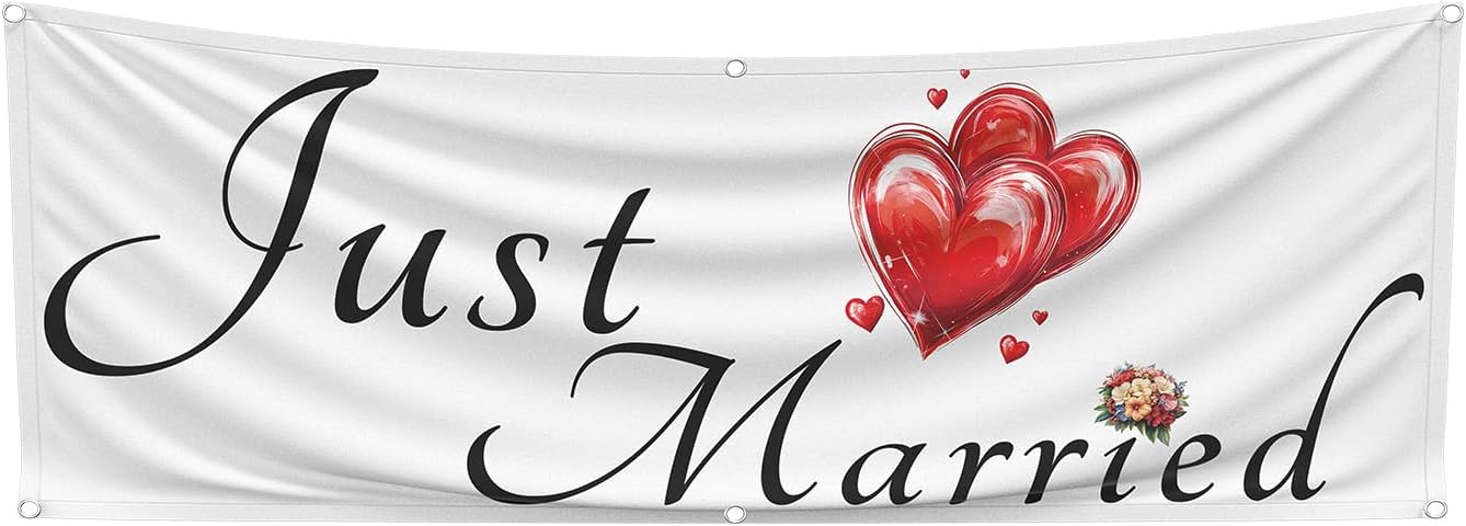 Just Married Flag Banner Outdoor Indoor Decoration Flag 24x72inch Single Stitched Polyester with Brass Grommets (White)