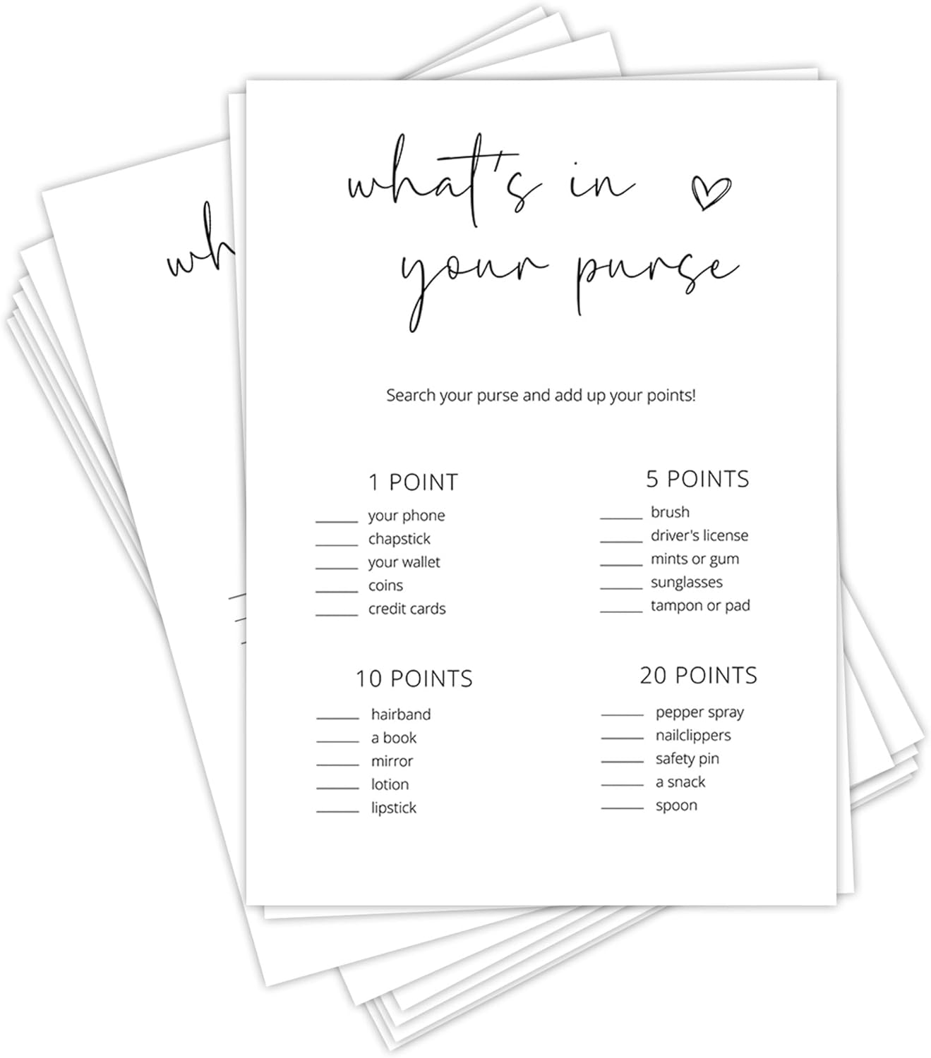 Bridal Shower Games, What's in Your Purse, 25Pcs Minimalist White Double-Sided Bridal Game Cards, Wedding Shower Games for Guests, Engagement Bachelorette Party Supplies - A18