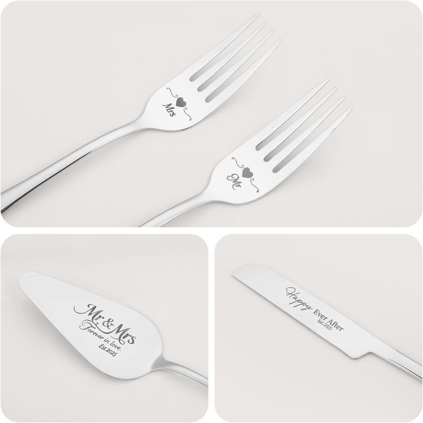 wedding cake knife and server set,Silver wedding cake knife and server set 2025,4Pcs Set with Forks for Engagements, Anniversary Bridal Shower Christmas Gifts.