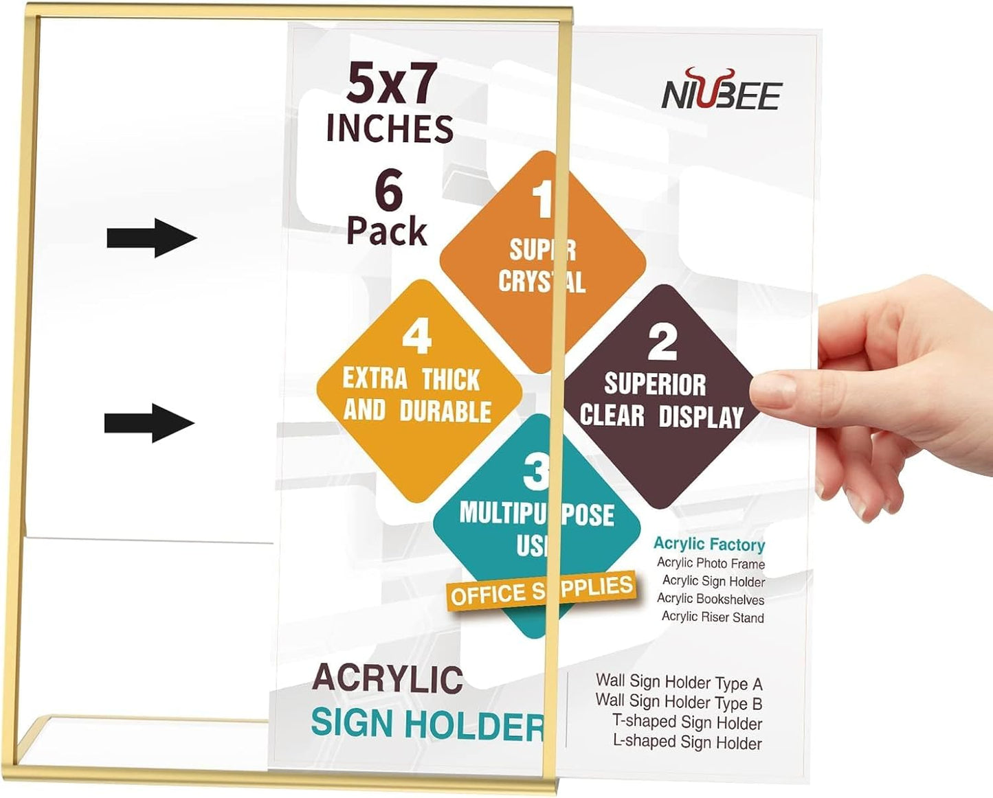 NIUBEE 6 Pack 5 x 7 Acrylic Gold Frame, Slanted Back Table Sign Holder for Wedding Table Numbers, Restaurant Signs, Photos and Art Display Visit the Store