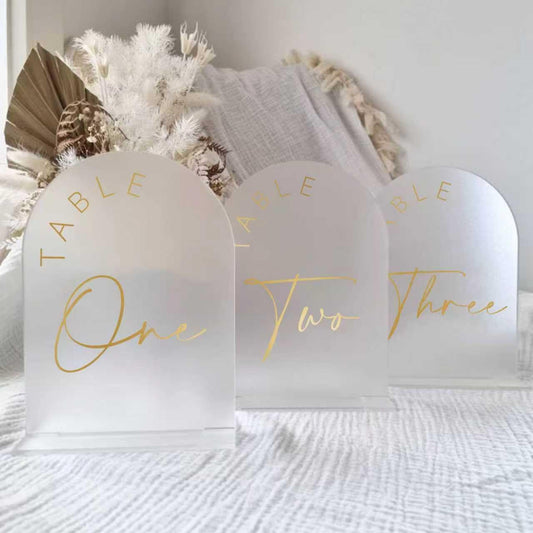 JINMURY Frosted Arch Wedding Table Numbers 1-25 with Stands, 5x7 Inch Acrylic Arch Sign with Golden Lettering, Frosted Acrylic Table Numbers for Wedding Reception