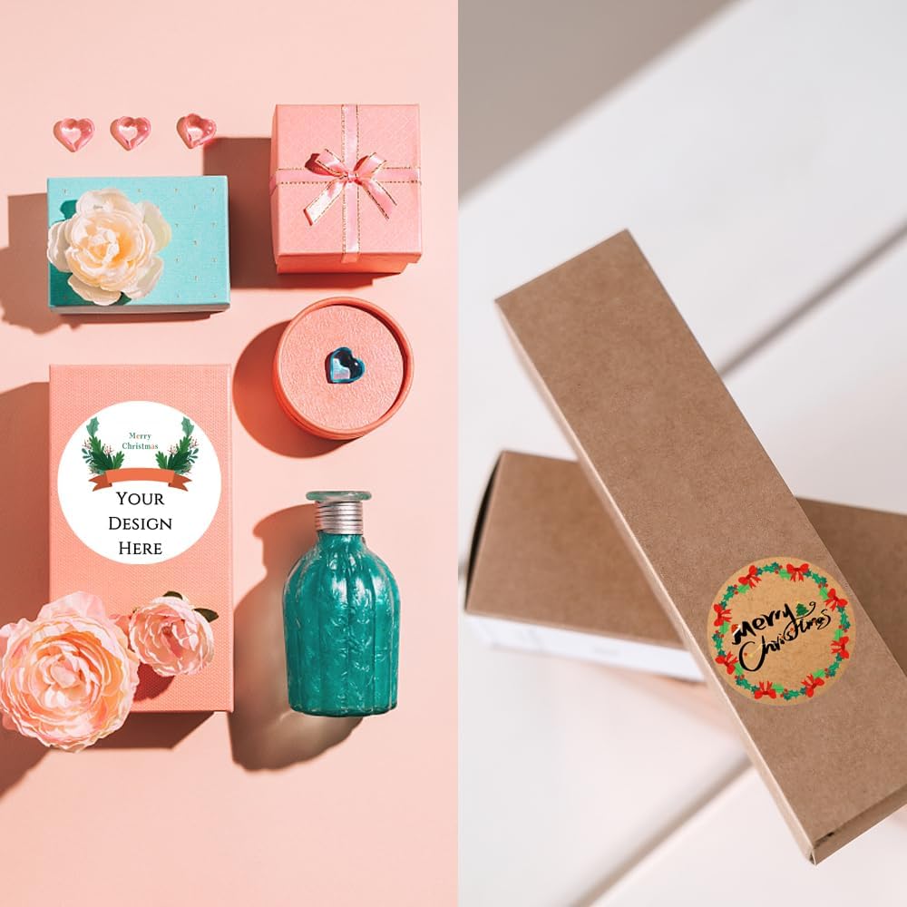 100-1000pcs Custom Stickers Merry Christmas Stickers Personalized Labels Adhesive Xmas Decorative Envelope Seals Stickers for Cards Gift Boxes(Round Kraft-7)