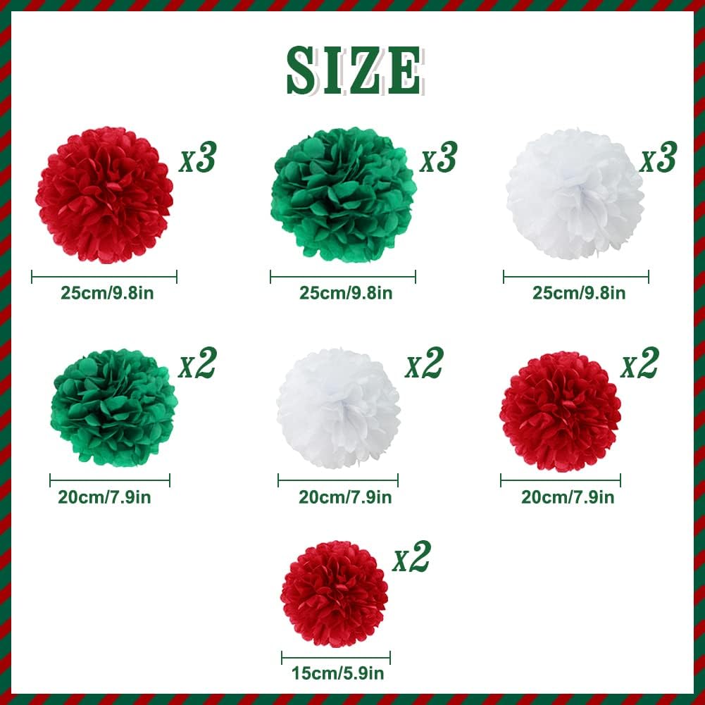 Easy Joy 17Pcs Christmas New Year Hanging Decoration Red Green White Paper Pom Poms Flowers 6, 8,10 inch Hanging Paper Flowers Christmas Home Wedding Birthday Party Decorations
