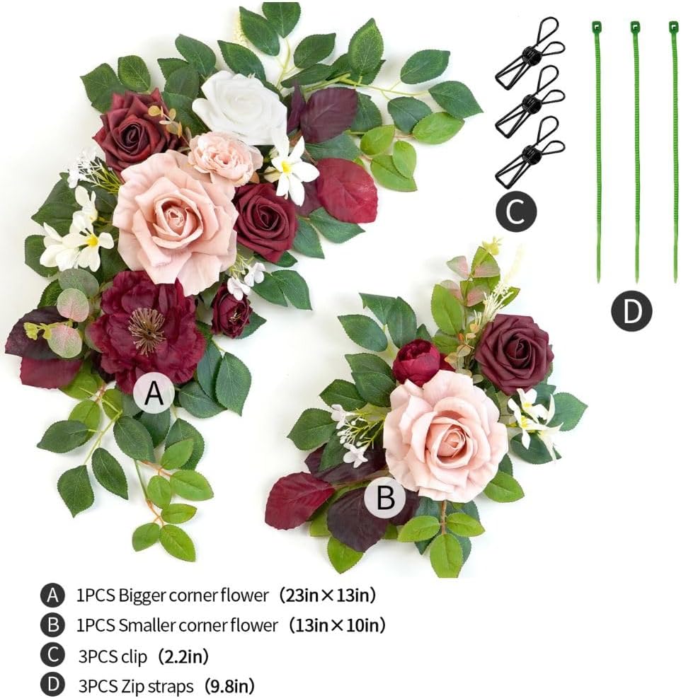 Wedding Decor (Pack of 2) Welcome Sign Flower Backdrop Garland for Ceremony Reception Wall Easel Home Decoration Entryway Faux Outdoor Board Head Table Decor (Burgundy & Dusty Rose)