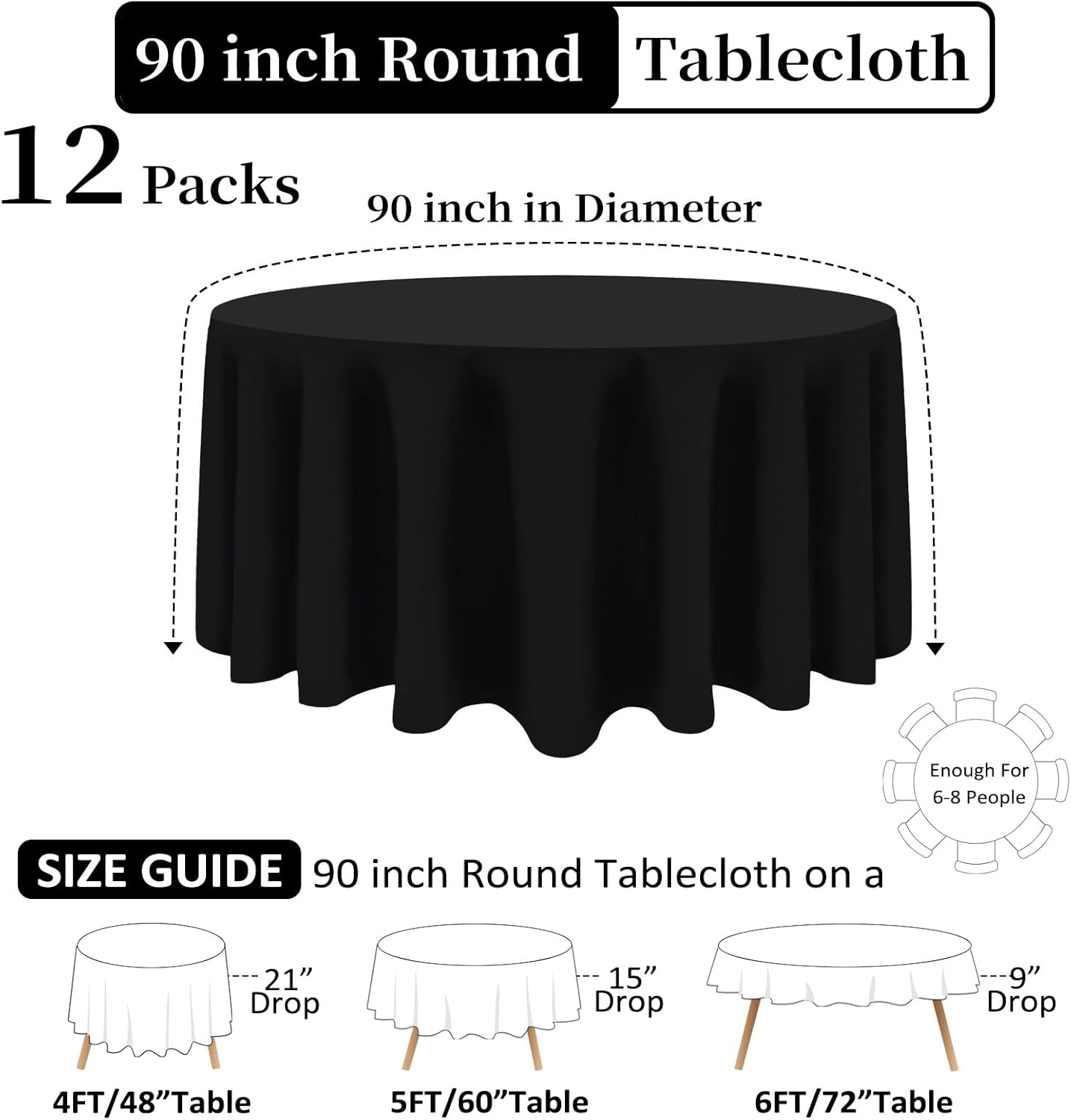 12 Pack Black Round Tablecloth 90 Inch Black Table Cloth Stain and Wrinkle Resistant Reusable and Washable Polyester Fabric Table Covers for Buffet Wedding Party and Banquet