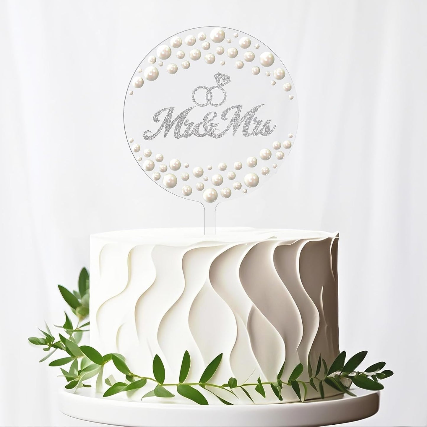 Mr & Mrs Wedding Cake Topper, Contemporary Bride and Groom Sign Rustic Resin Décor for Engagement & Anniversary, Bridal Shower & Party Celebrations (Transparent acrylic & Pearl)