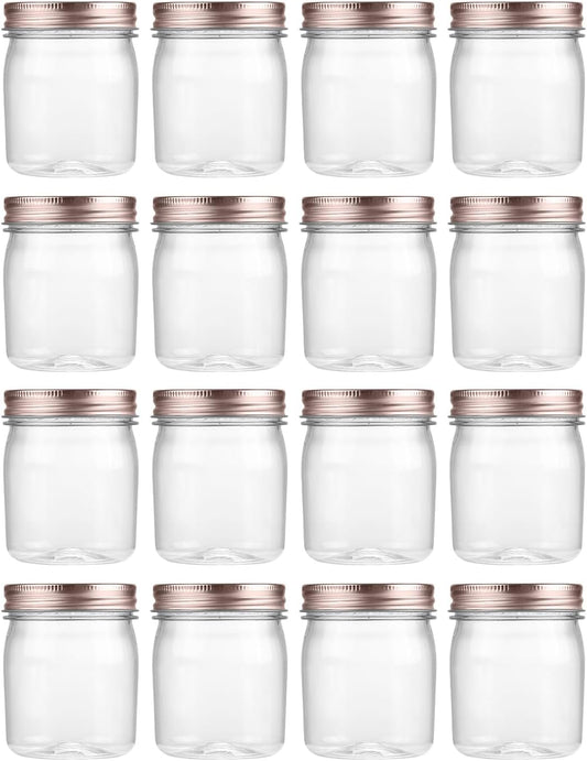 novelinks 8 oz Clear Plastic Jars with Screw-On Lids - BPA-Free Refillable Storage Containers for Slime, Spices, Crafts, Kitchen & Home Organization (16 Pack,Rose Gold)