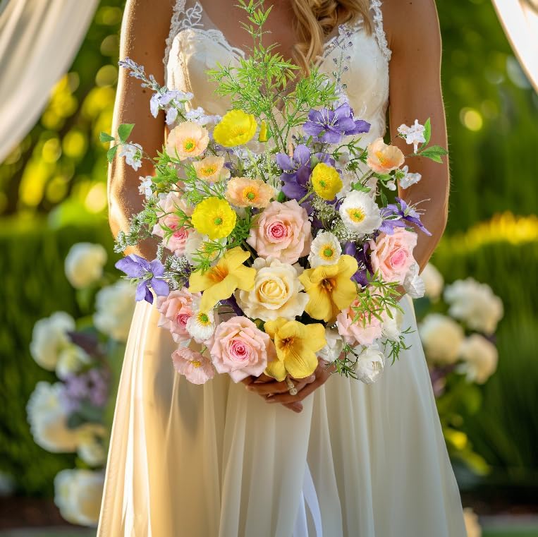 Artificial Flowers Bouquets for Bridal Wedding Home Decor Fake Floral Arrangements for Party Table Centerpieces DIY Silk Flower Set Spring Summer Indoor Outdoor (Combo Pink/Yellow)