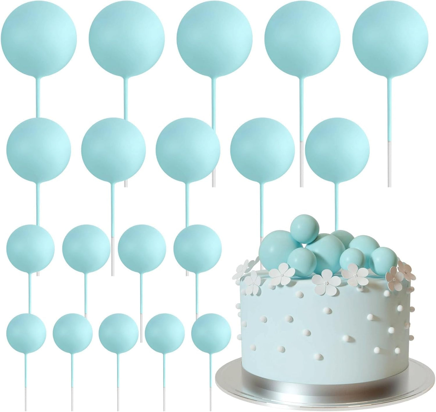 ASTARON 20 Pcs Ball Cake Topper Decorations Mini Balloons Cake Topper Sticks Light Blue Balls Cake Picks Cake Topper Balls Cake Decorations for Wedding Birthday Cake Decorations