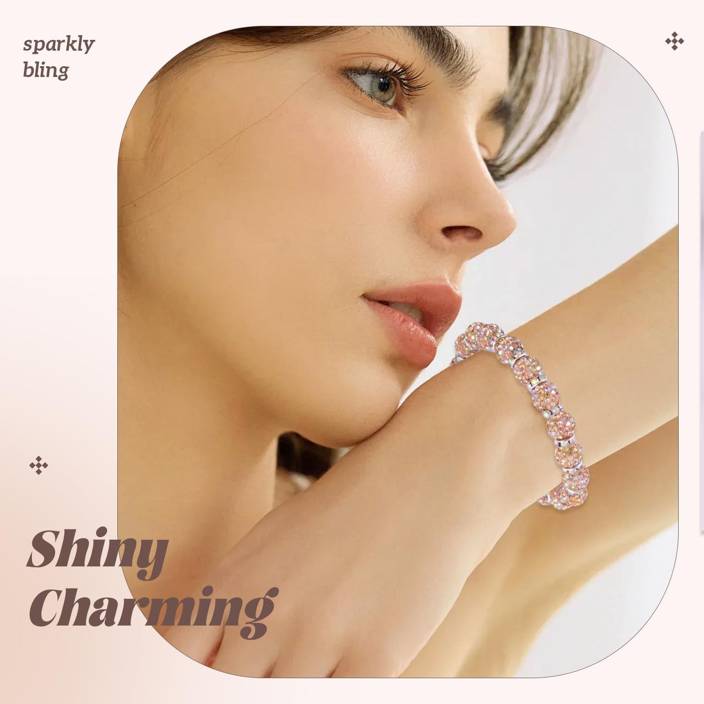 105pcs 10mm Rhinestone Beads for Jewelry Making, Light Peach AB Shiny Round Disco Beads Bulk, Sparkle Crystal Clay Christmas for Bracelet Baseball Necklace Earring Crafting and DIY