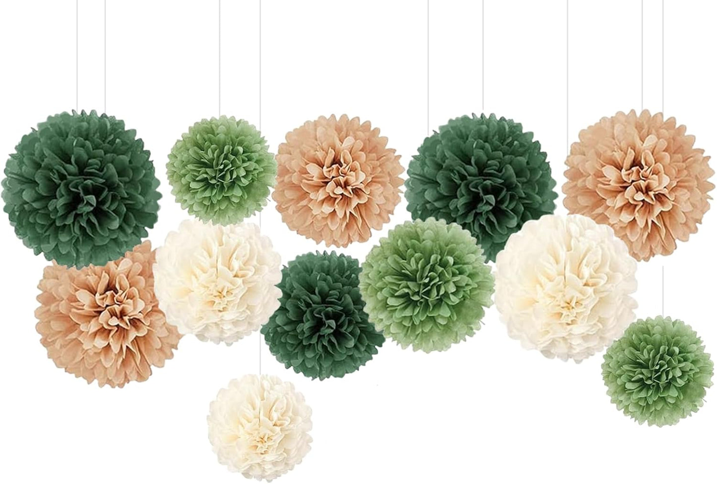 Capesaro Olive Sage Green 12PCS Paper Pom Poms Party Decorations for Natural Green Boho Safari Jungle Party,Hanging Tissue Paper Flowers for Engagement,Wedding,Baby Shower