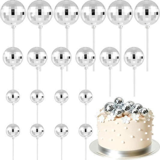 ASTARON 20 Pcs Disco Ball Cake Topper Decorations Sticks Silver Cake Balls Picks Toppers for Birthday Anniversary Disco Retired Theme Party Decorations