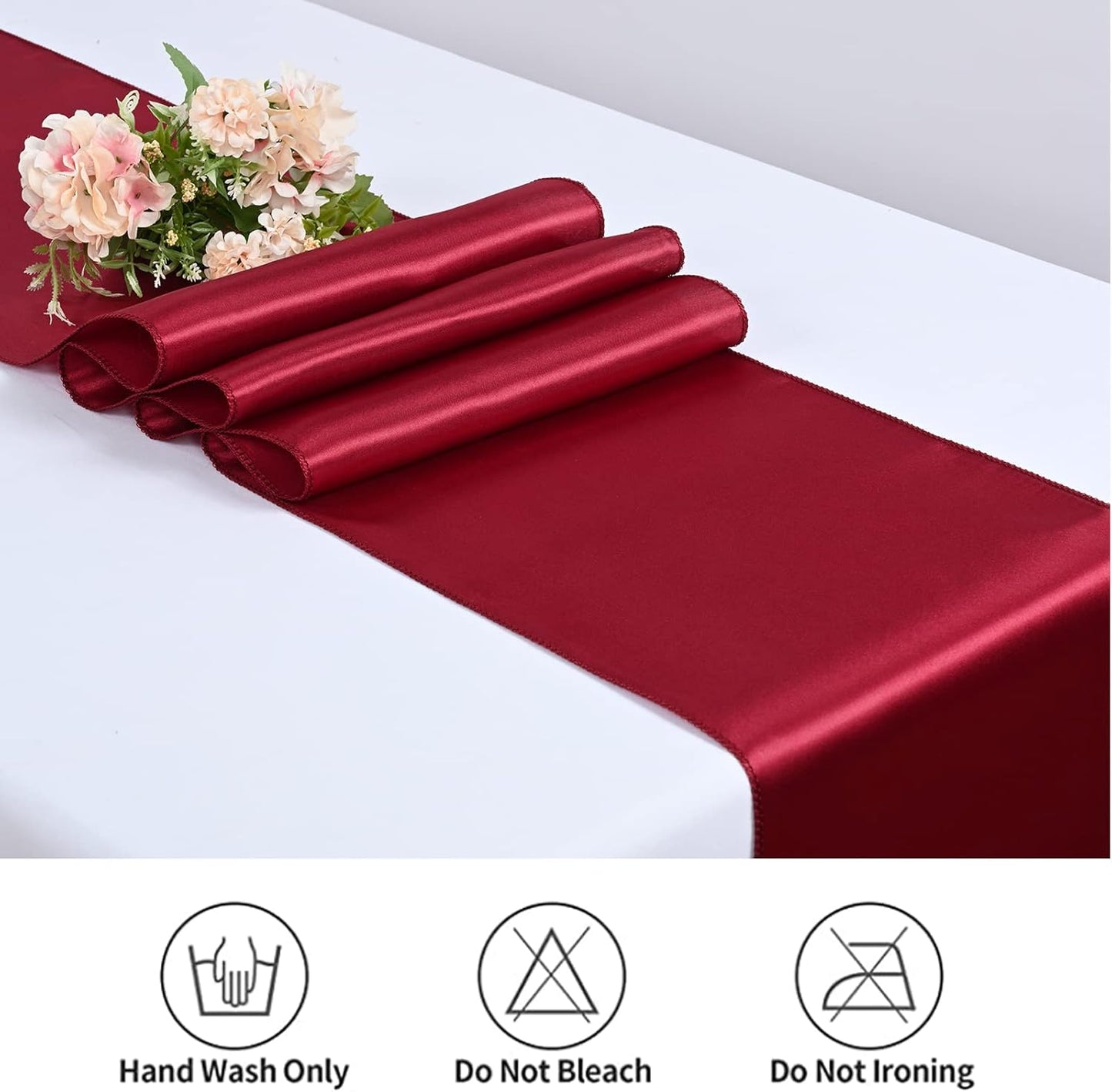 12 Pack Burgundy Satin Table Runner,12 x 108 inch Long Premium Smooth Table Runner for Wedding, Banquets, Birthday, Party, Graduation, Engagements,Table Runners fit Rectangle and Round Table