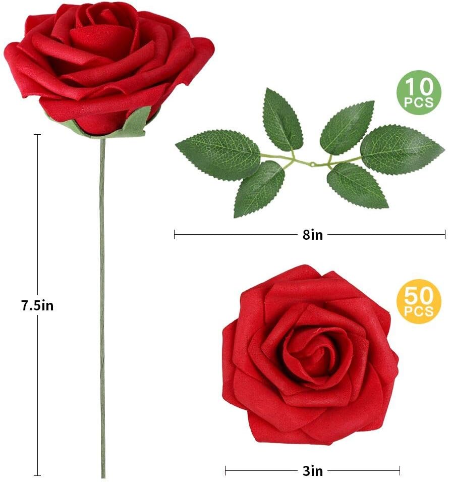 AmyHomie Artificial Flowers Dark Red Rose 50pcs Real Looking Fake Roses w/Stem for DIY Wedding Bouquets Centerpieces Arrangements Party Baby Shower Home Decorations