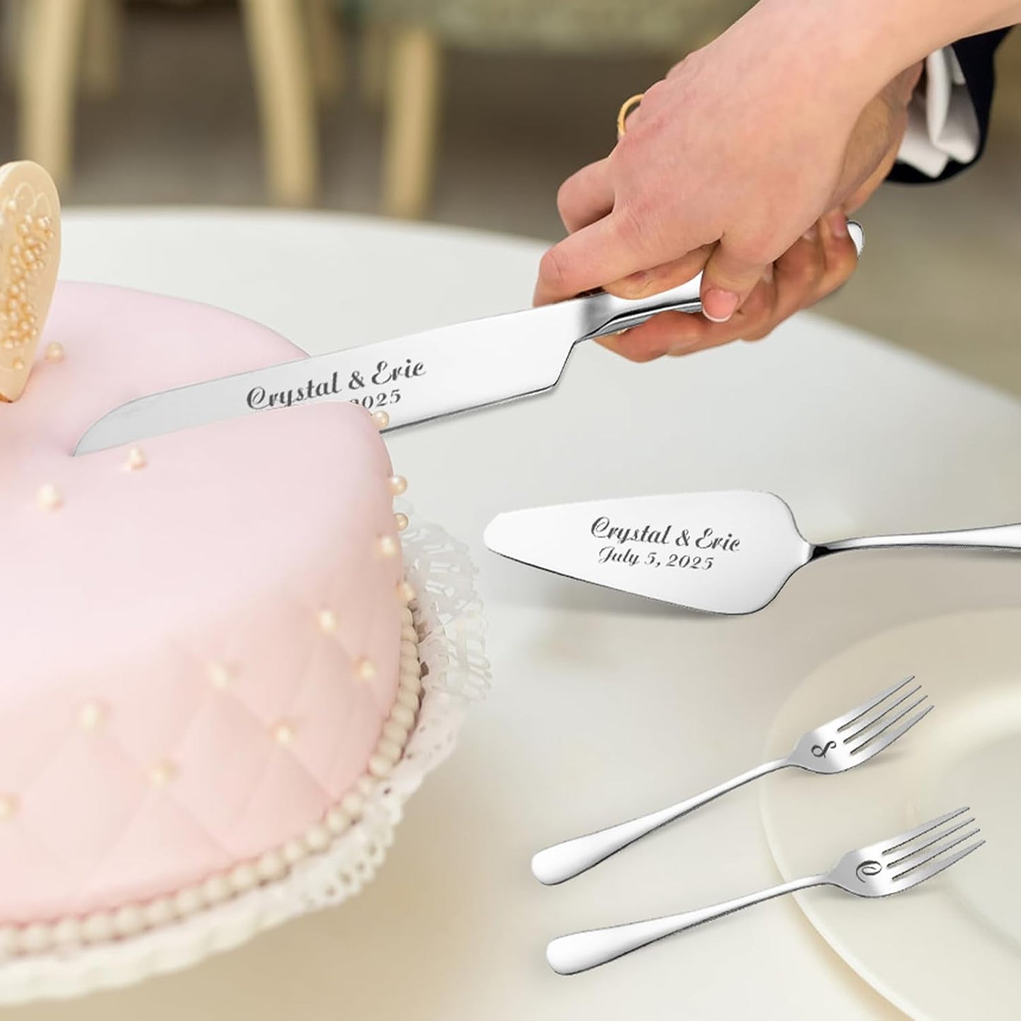 HJX Personalized Wedding Cake Knife and Server Set with Champagne Flutes, Custom Name Text Toasting Glasses for Bride and Groom, Cake Cutting Set Ideal Wedding Engagement Bridal Shower Gift